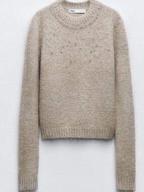 Zara Women’s Beige Jewel Beaded Knit Sweater M
